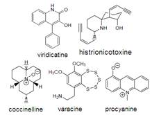 186 - Viridicatin (fungal), histrionicotoxin (animal), coccinelline (insect), varacin (marine) and procyanine (bacterial)