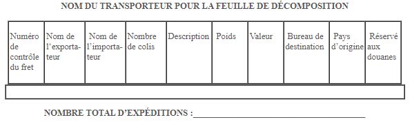 NOM DU TRANSPORTEUR POUR LA FEUILLE DE DÉCOMPOSITION